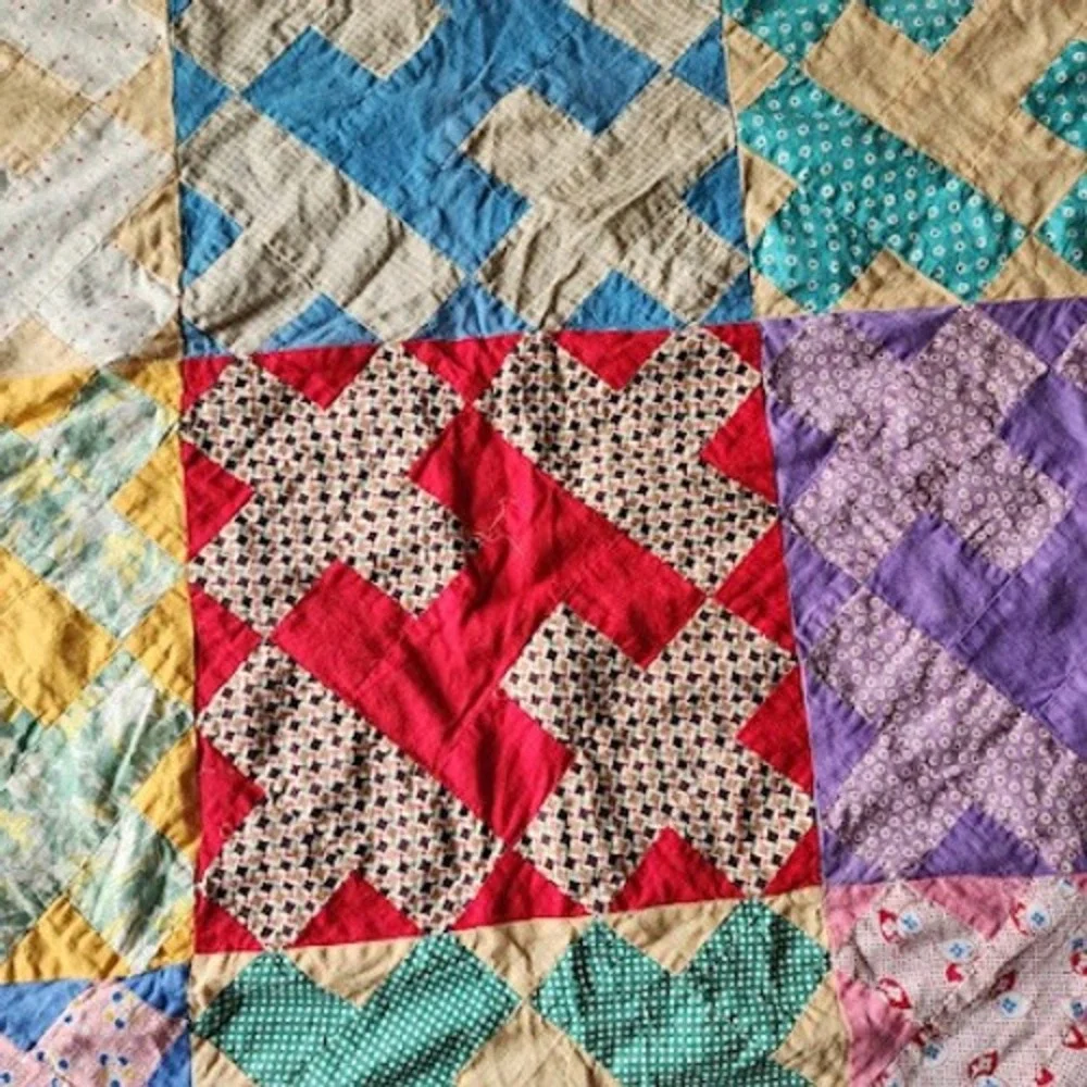 1940s Patchwork Quilt Top Only Feedsack Calico Cross Crown 55x70